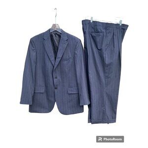 Tom James Two Piece Suit 40R Jacket Pants 36x28 Pinstripe Wool Blue Lightweight
